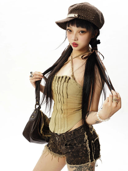 Black Gold Snake  Washed Frayed Hem Low Rise Denim Shorts