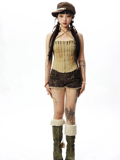 Black Gold Snake  Washed Frayed Hem Low Rise Denim Shorts