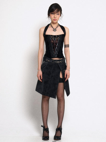 Flowers birds Market Black Lace Knit Corset Bustier Top With Detachable Straps