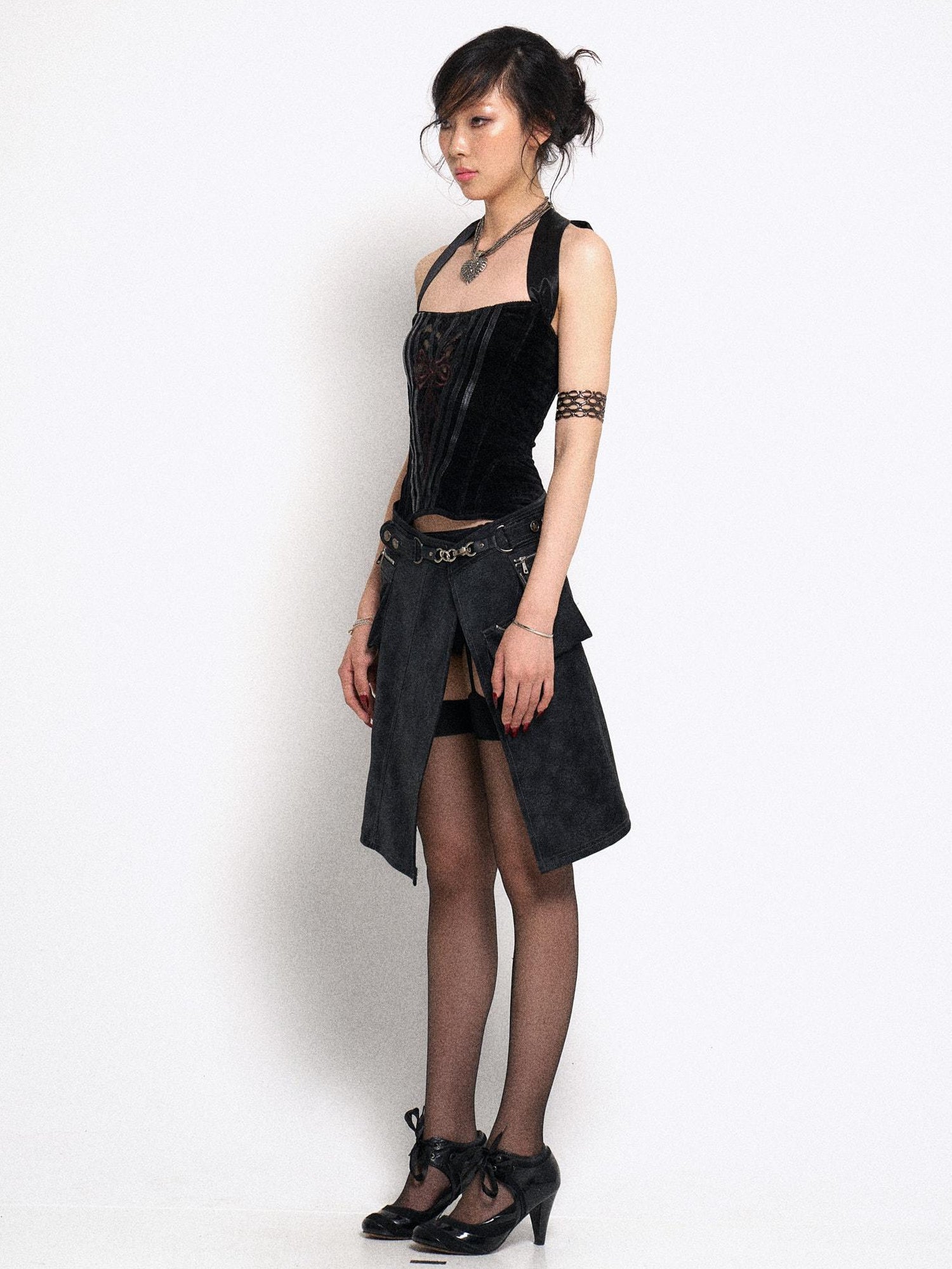 Flowers birds Market Black Lace Knit Corset Bustier Top With Detachable Straps