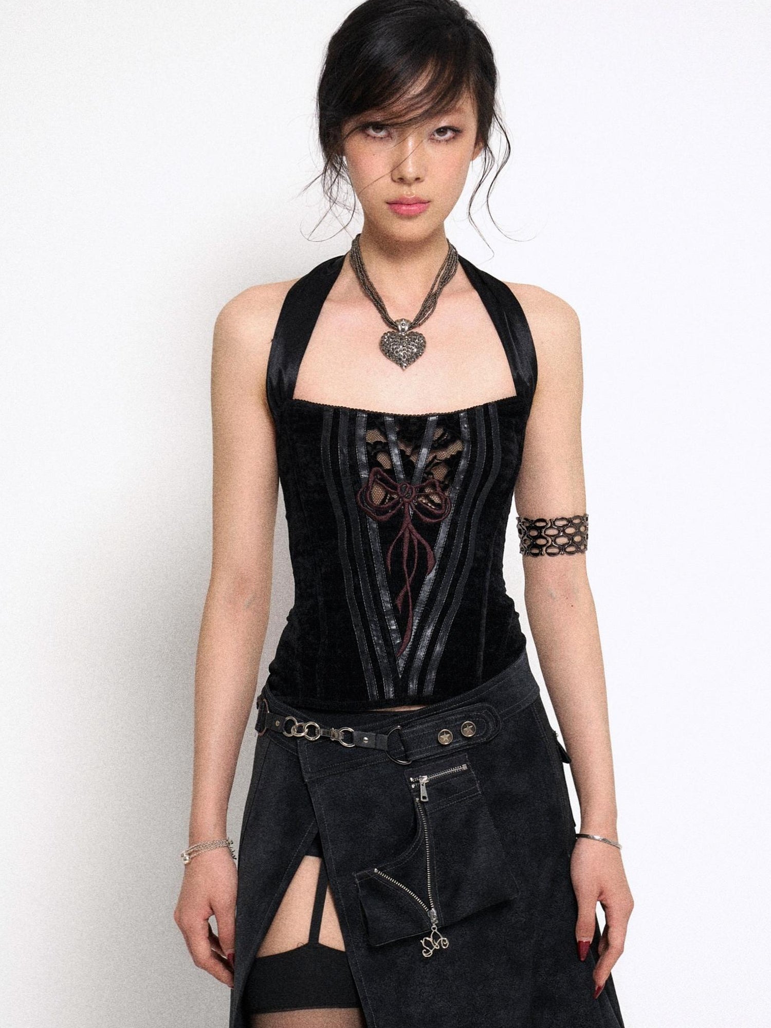 Flowers birds Market Black Lace Knit Corset Bustier Top With Detachable Straps