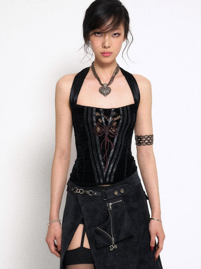 Flowers birds Market Black Lace Knit Corset Bustier Top With Detachable Straps