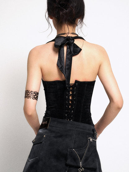 Flowers birds Market Black Lace Knit Corset Bustier Top With Detachable Straps