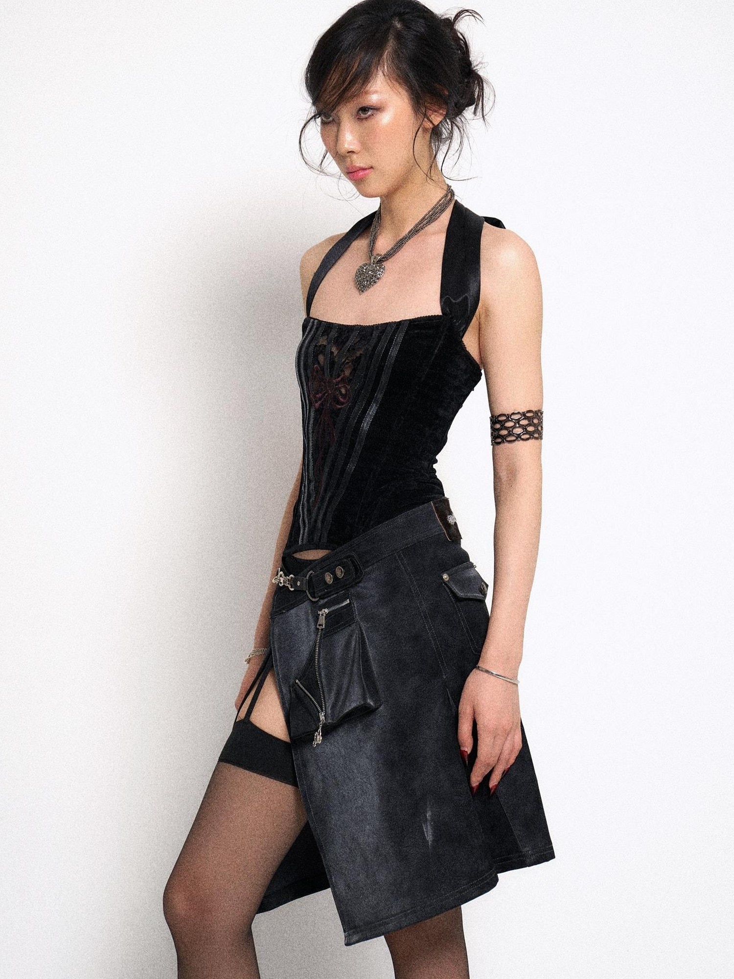 Flowers birds Market Black Lace Knit Corset Bustier Top With Detachable Straps