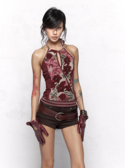 Flowers birds Market Built In Bra Halter Neck Floral Print Original Design Women Burgundy Tank Top