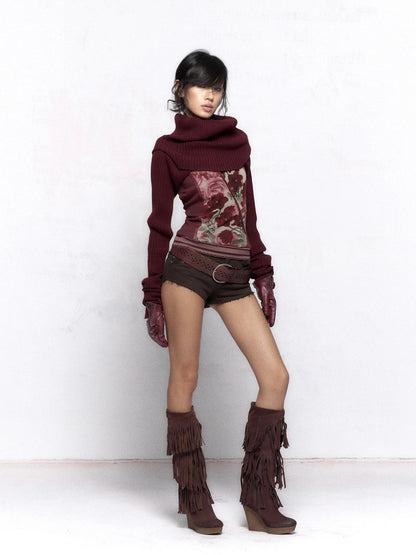 Flowers birds Market Built In Bra Halter Neck Floral Print Original Design Women Burgundy Tank Top