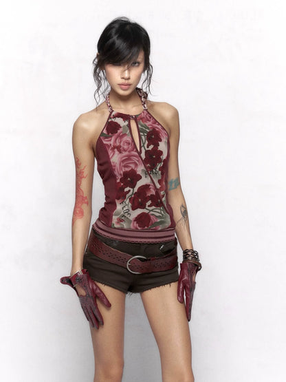 Flowers birds Market Built In Bra Halter Neck Floral Print Original Design Women Burgundy Tank Top