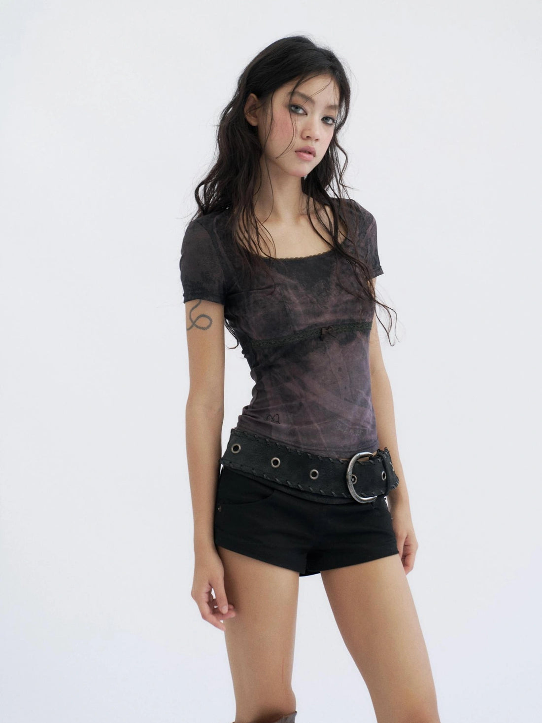 Flowers birds Market Butterfly Graphic Mesh Lace Crop Slim Fit Women Y2K Short Sleeve Black T-Shirt