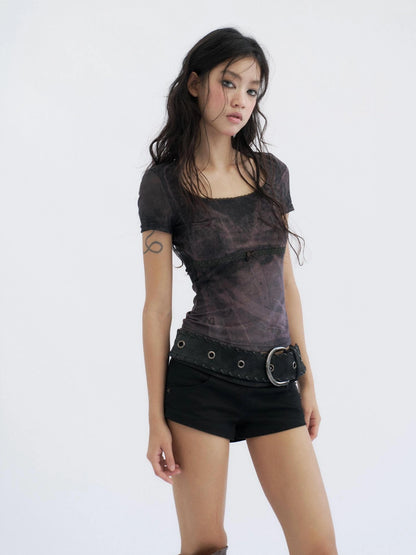 Flowers birds Market Butterfly Graphic Mesh Lace Crop Slim Fit Women Y2K Short Sleeve Black T-Shirt