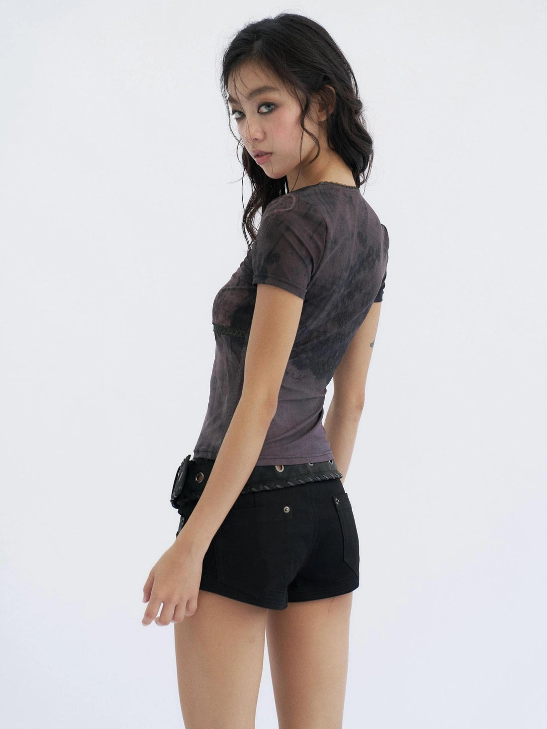 Flowers birds Market Butterfly Graphic Mesh Lace Crop Slim Fit Women Y2K Short Sleeve Black T-Shirt