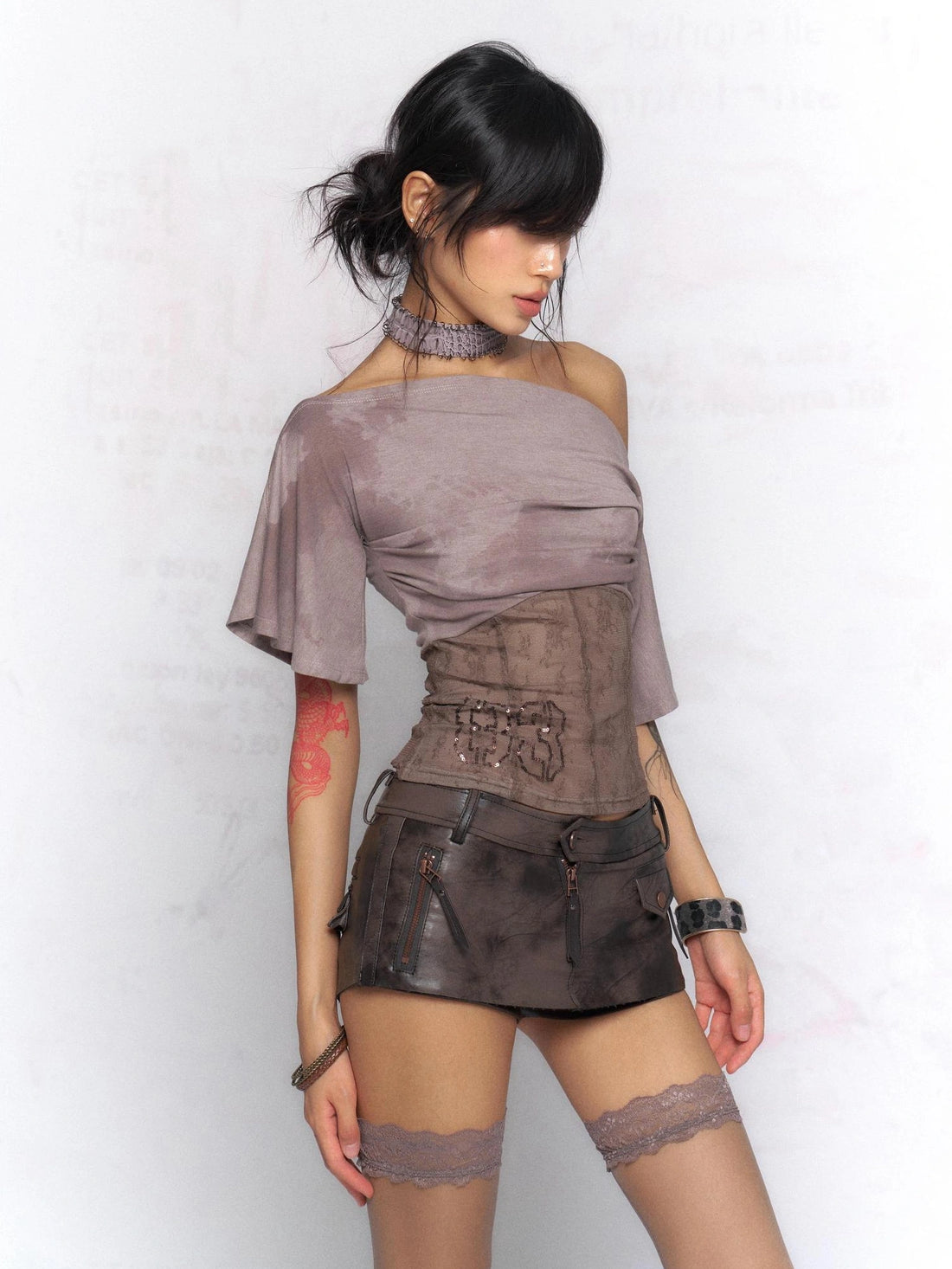 Flowers birds Market Chic Knit Ruched Patchwork Slim Fit Women Casual Tee Top T-Shirt