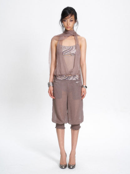 Flowers birds Market Chiffon Detachable Beaded Splice Cropped Women&