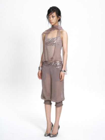 Flowers birds Market Chiffon Detachable Beaded Splice Cropped Women&
