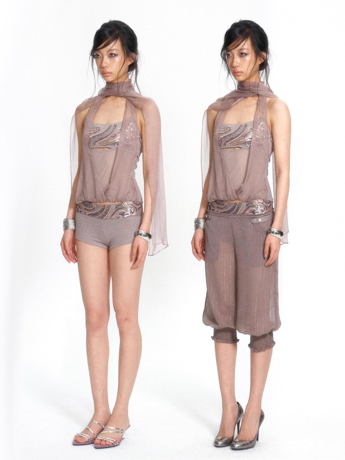 Flowers birds Market Chiffon Detachable Beaded Splice Cropped Women&
