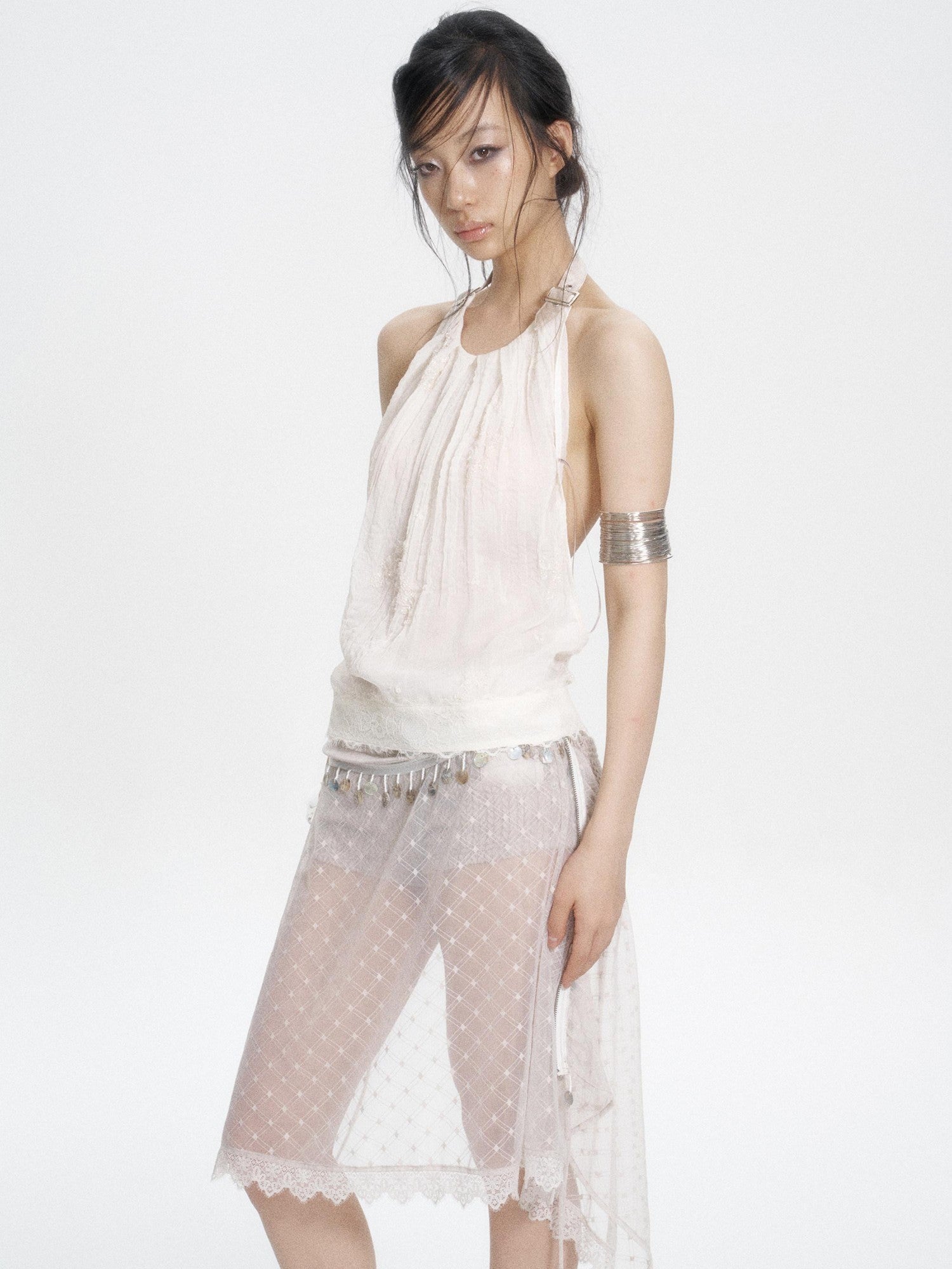Flowers birds Market Chiffon Patchwork Lace Embroidered Beaded Tie Back Women&
