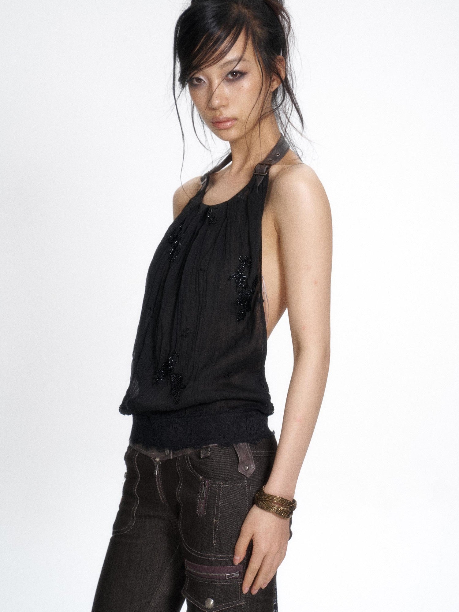 Flowers birds Market Chiffon Patchwork Lace Embroidered Beaded Tie Back Women&