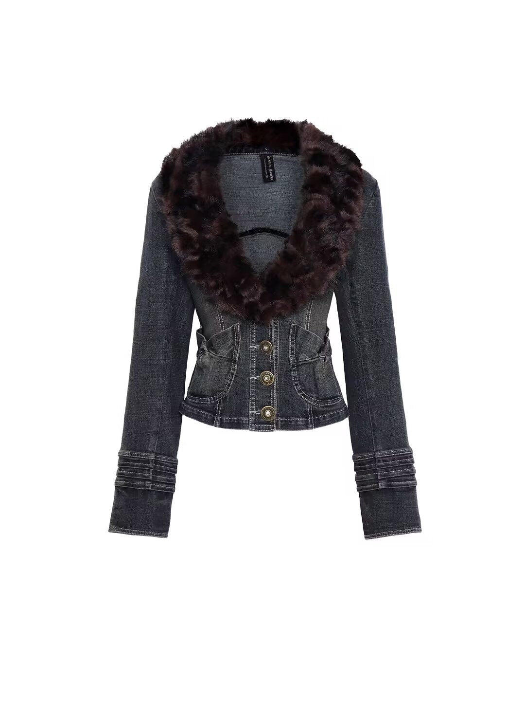 Flowers birds Market Cinched Waist Vintage Slim Cropped Long Sleeve Button Women Denim Jackets