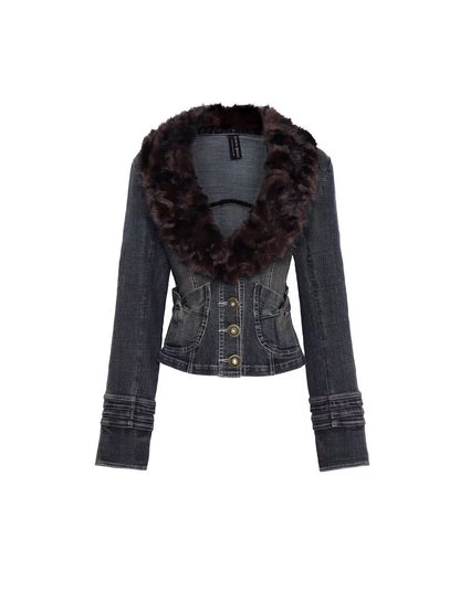 Flowers birds Market Cinched Waist Vintage Slim Cropped Long Sleeve Button Women Denim Jackets