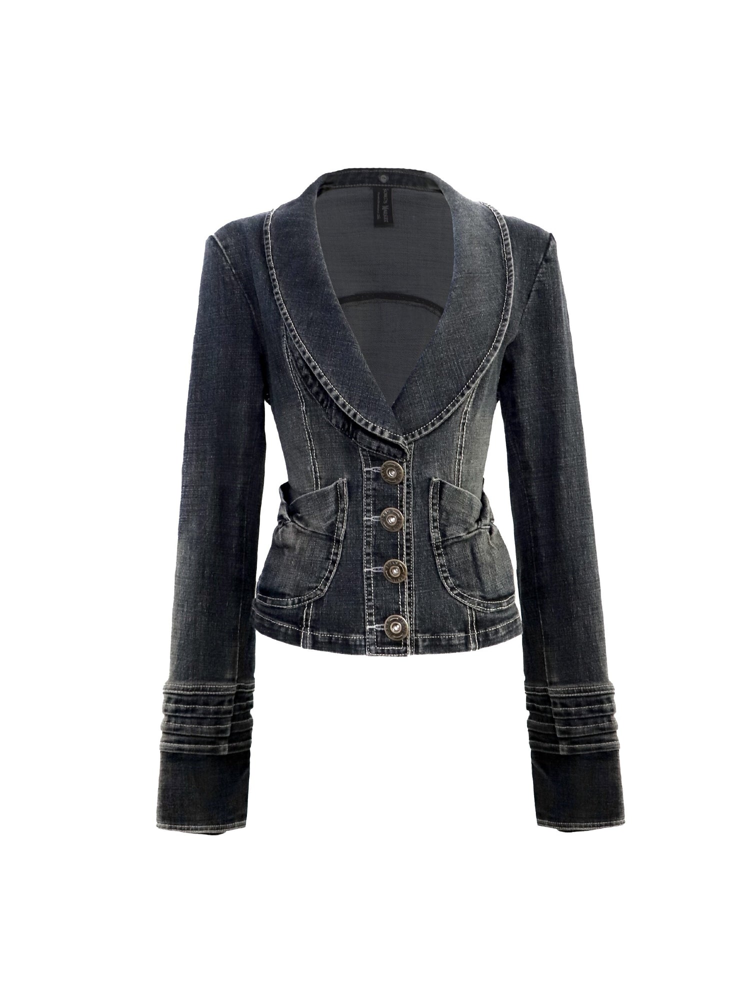 Flowers birds Market Cinched Waist Vintage Slim Cropped Long Sleeve Button Women Denim Jackets