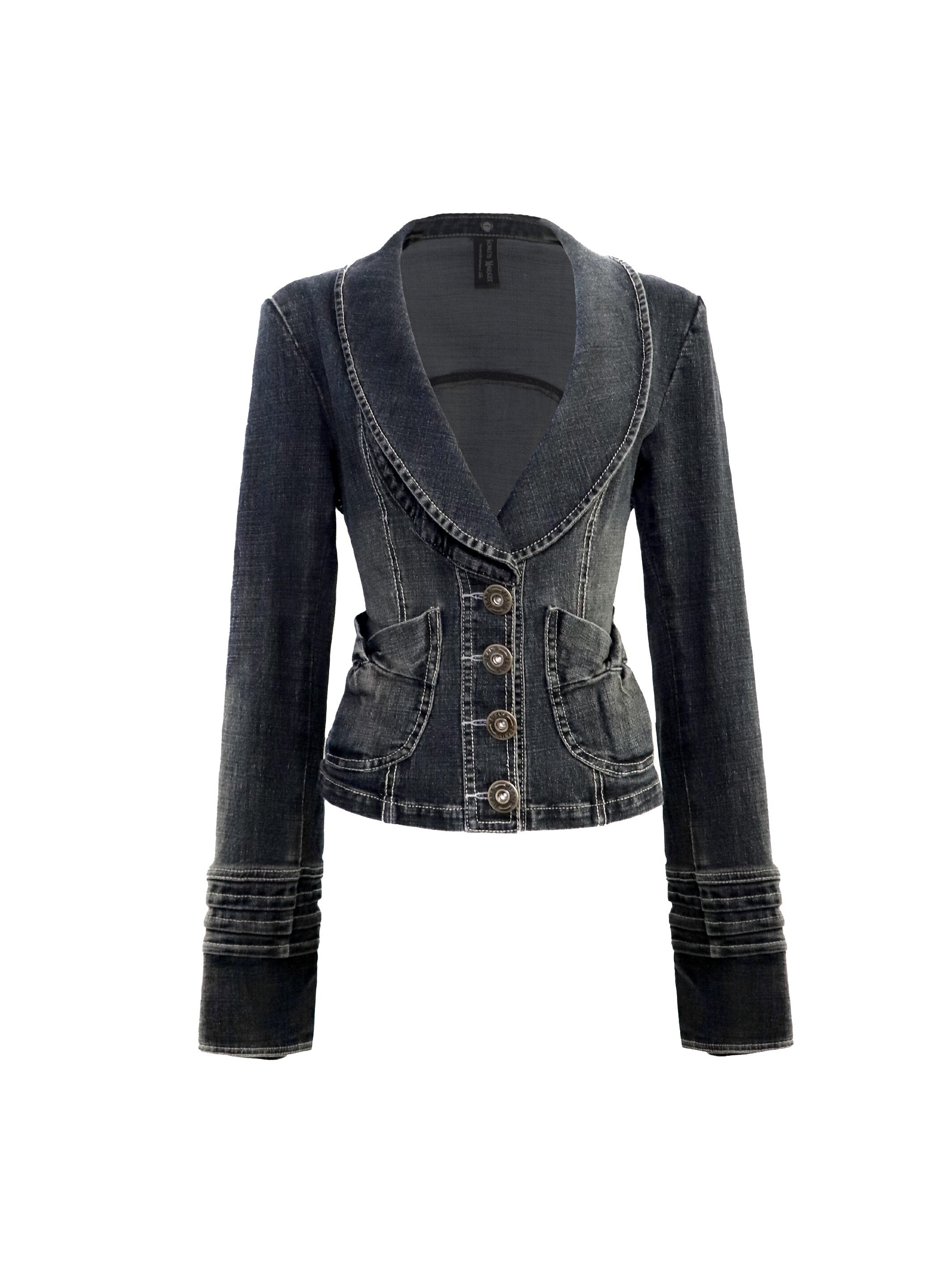 Flowers birds Market Cinched Waist Vintage Slim Cropped Long Sleeve Button Women Denim Jackets