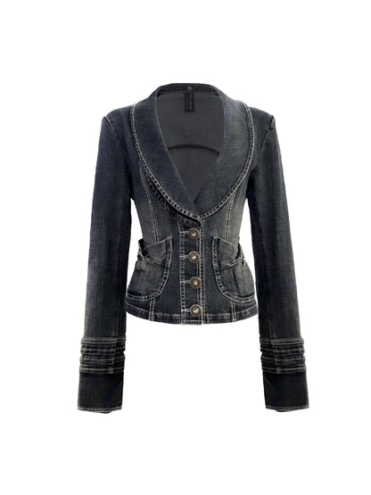 Flowers birds Market Cinched Waist Vintage Slim Cropped Long Sleeve Button Women Denim Jackets
