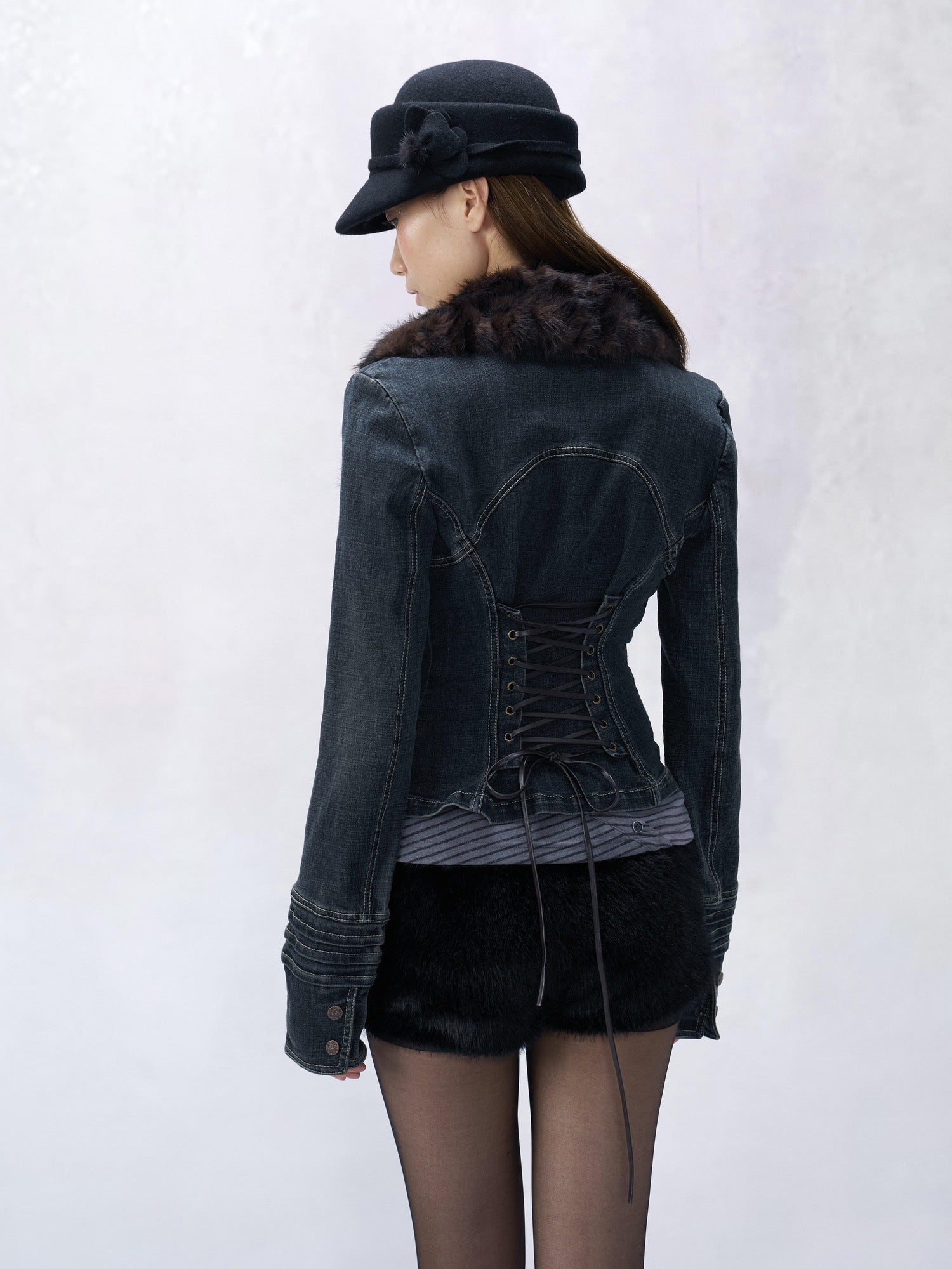 Flowers birds Market Cinched Waist Vintage Slim Cropped Long Sleeve Button Women Denim Jackets