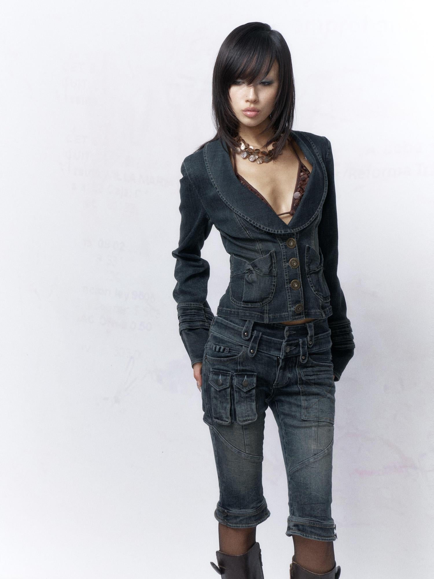 Flowers birds Market Cinched Waist Vintage Slim Cropped Long Sleeve Button Women Denim Jackets