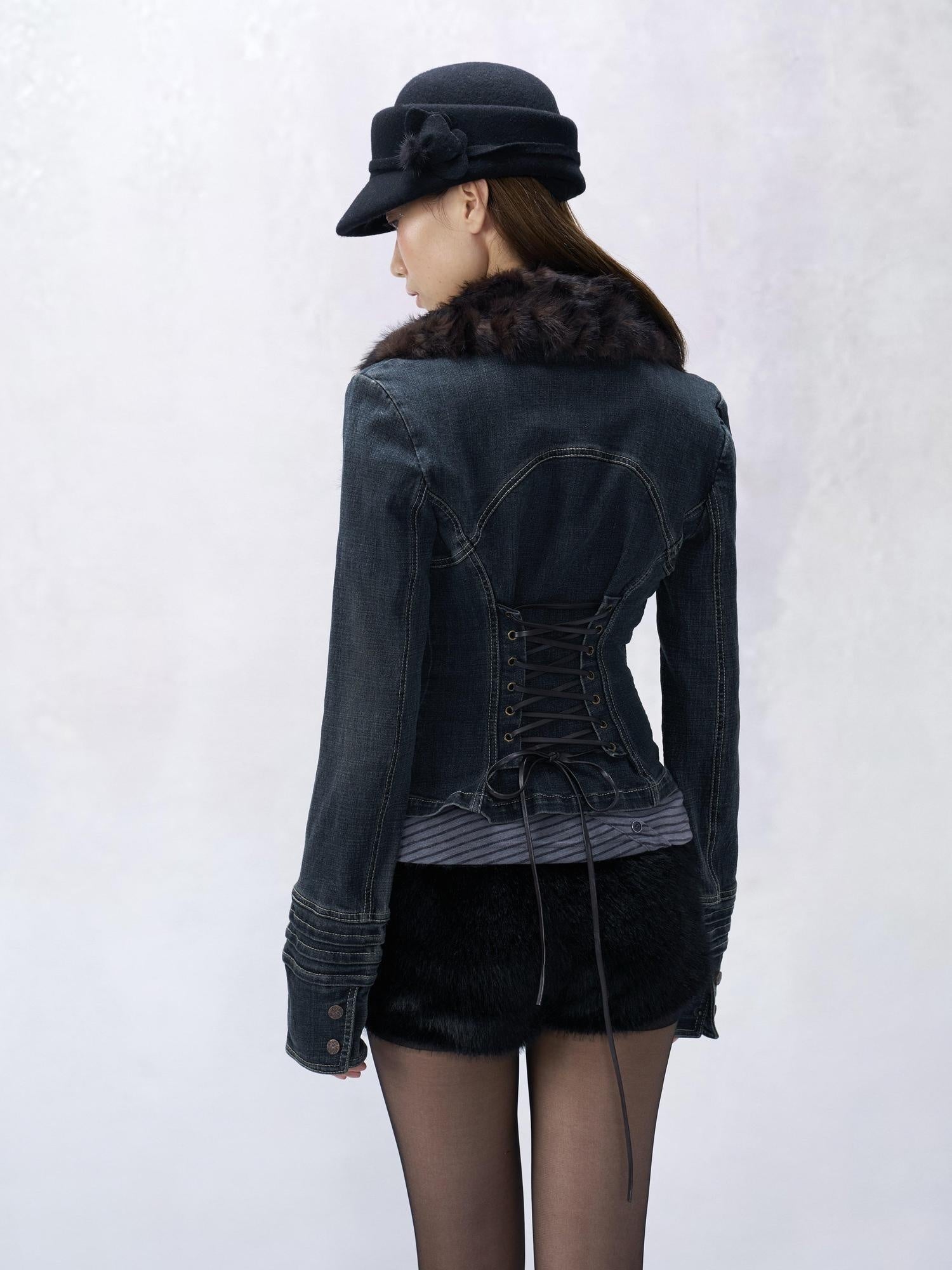 Flowers birds Market Cinched Waist Vintage Slim Cropped Long Sleeve Button Women Denim Jackets