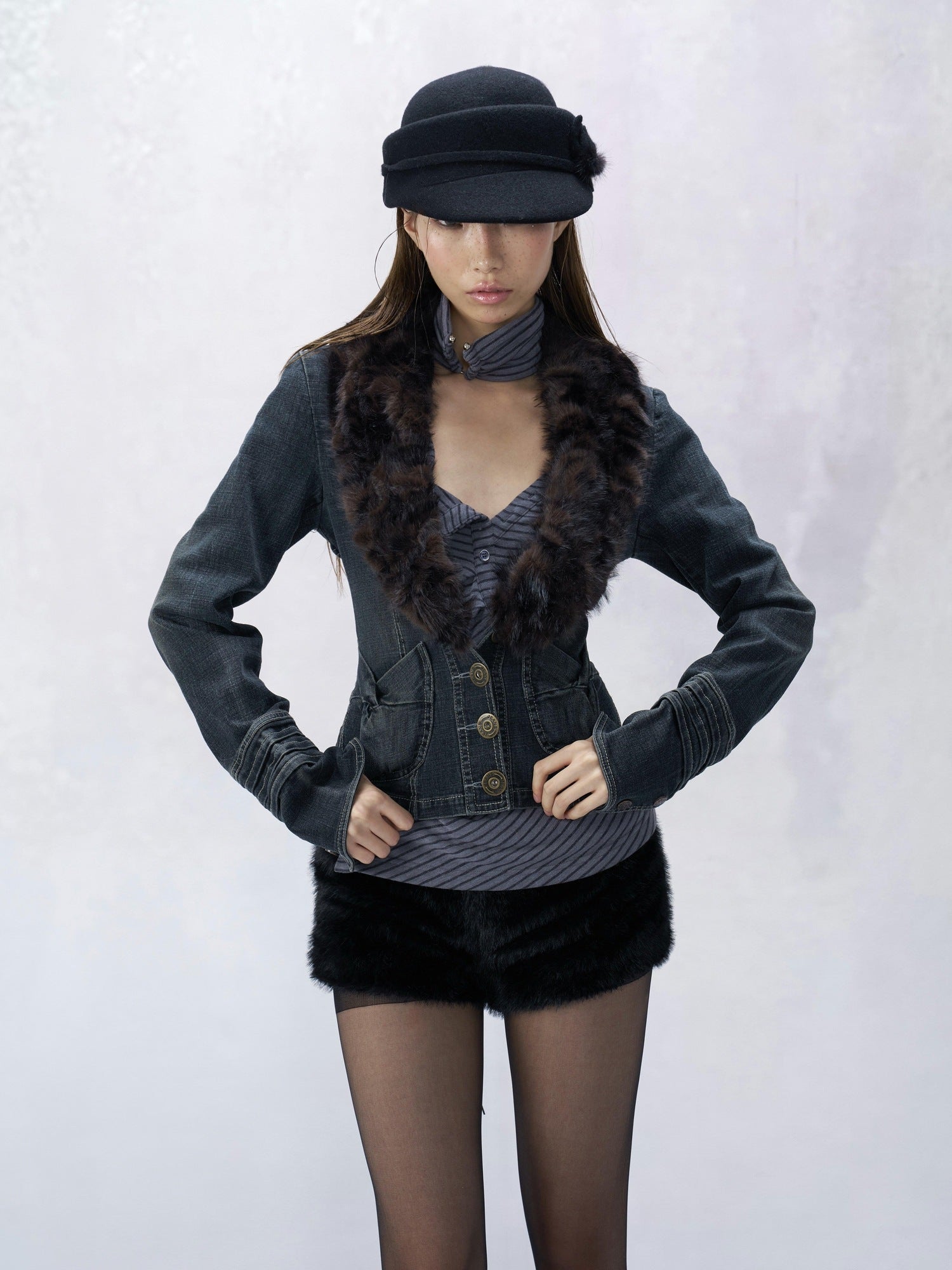 Flowers birds Market Cinched Waist Vintage Slim Cropped Long Sleeve Button Women Denim Jackets