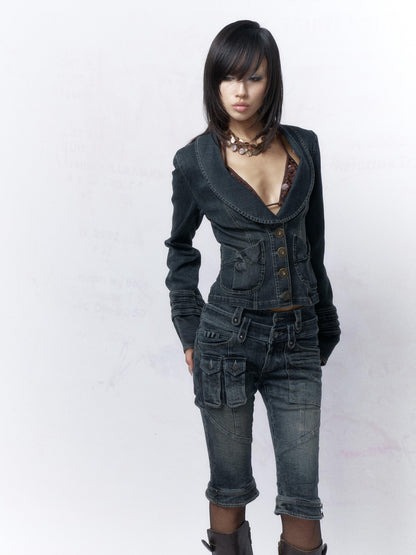 Flowers birds Market Cinched Waist Vintage Slim Cropped Long Sleeve Button Women Denim Jackets