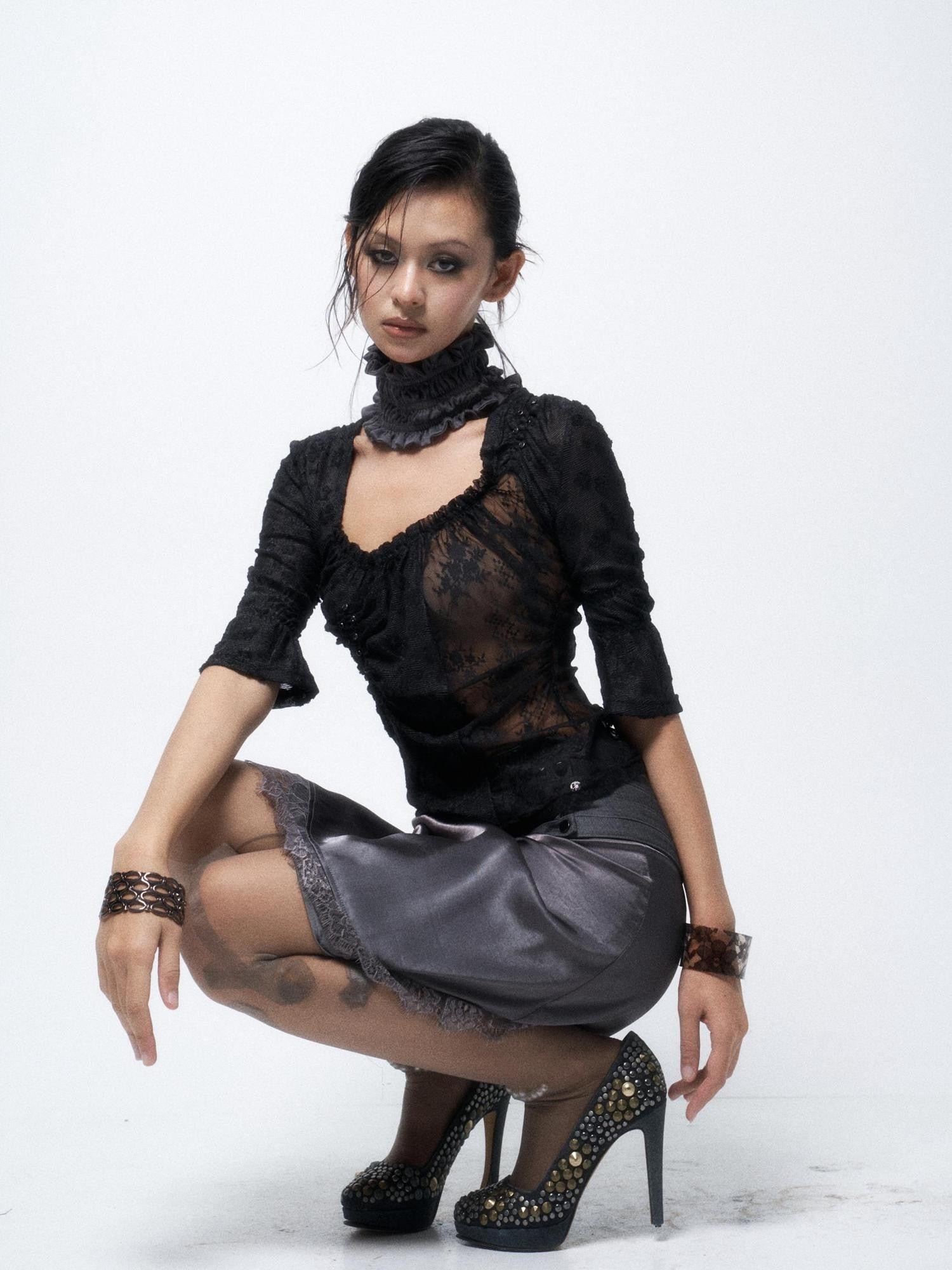Flowers birds Market Contrast Color Ruffle Square Neck Women&