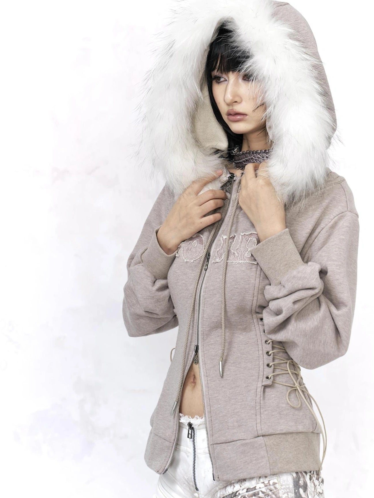 Flowers birds Market Cotton Zip Front Slim Fit Hooded Long Sleeve Solid Color Warm Gray Women Hoodeis