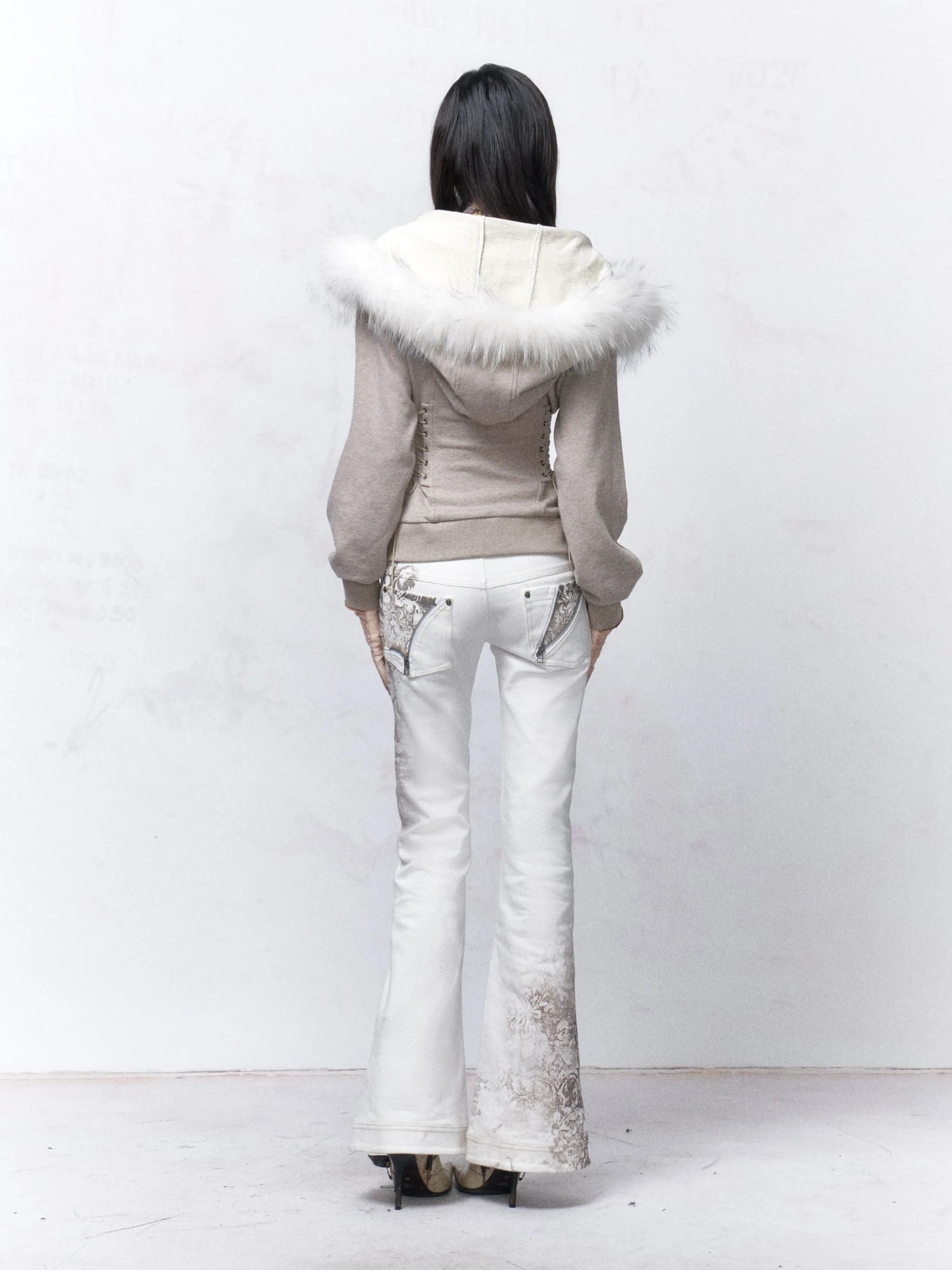 Flowers birds Market Cotton Zip Front Slim Fit Hooded Long Sleeve Solid Color Warm Gray Women Hoodeis