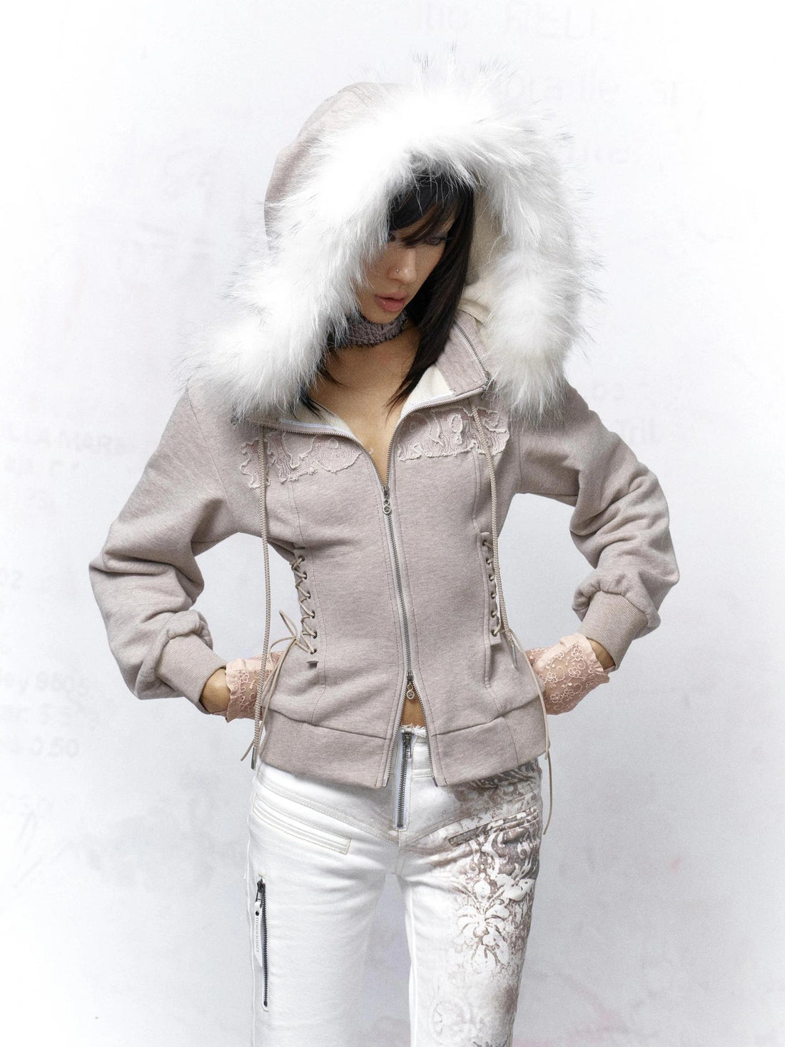 Flowers birds Market Cotton Zip Front Slim Fit Hooded Long Sleeve Solid Color Warm Gray Women Hoodeis