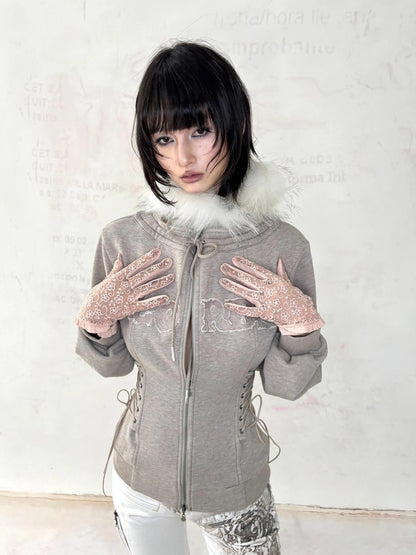 Flowers birds Market Cotton Zip Front Slim Fit Hooded Long Sleeve Solid Color Warm Gray Women Hoodeis