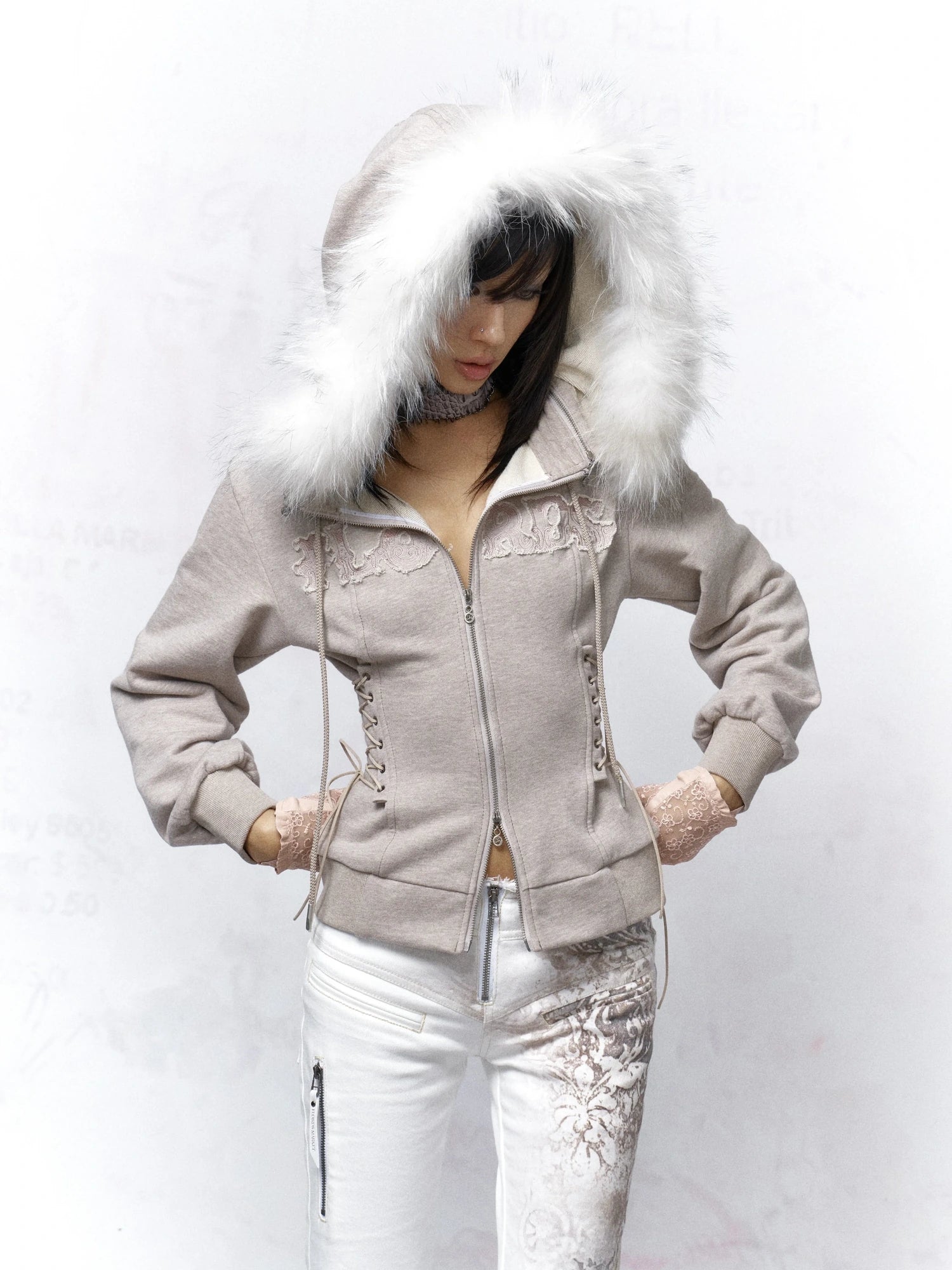 Flowers birds Market Cotton Zip Front Slim Fit Hooded Long Sleeve Solid Color Warm Gray Women Hoodeis