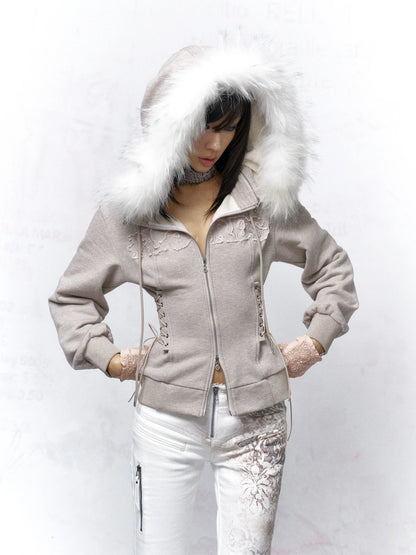 Flowers birds Market Cotton Zip Front Slim Fit Hooded Long Sleeve Solid Color Warm Gray Women Hoodeis