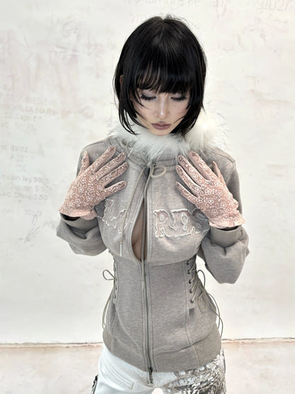 Flowers birds Market Cotton Zip Front Slim Fit Hooded Long Sleeve Solid Color Warm Gray Women Hoodeis