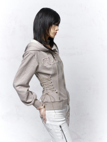 Flowers birds Market Cotton Zip Front Slim Fit Hooded Long Sleeve Solid Color Warm Gray Women Hoodeis