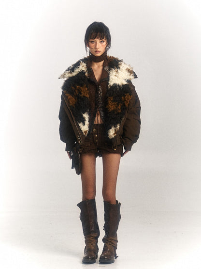 Flowers birds Market Cow Lamb Shearling Oversized Collar Parka Unisex