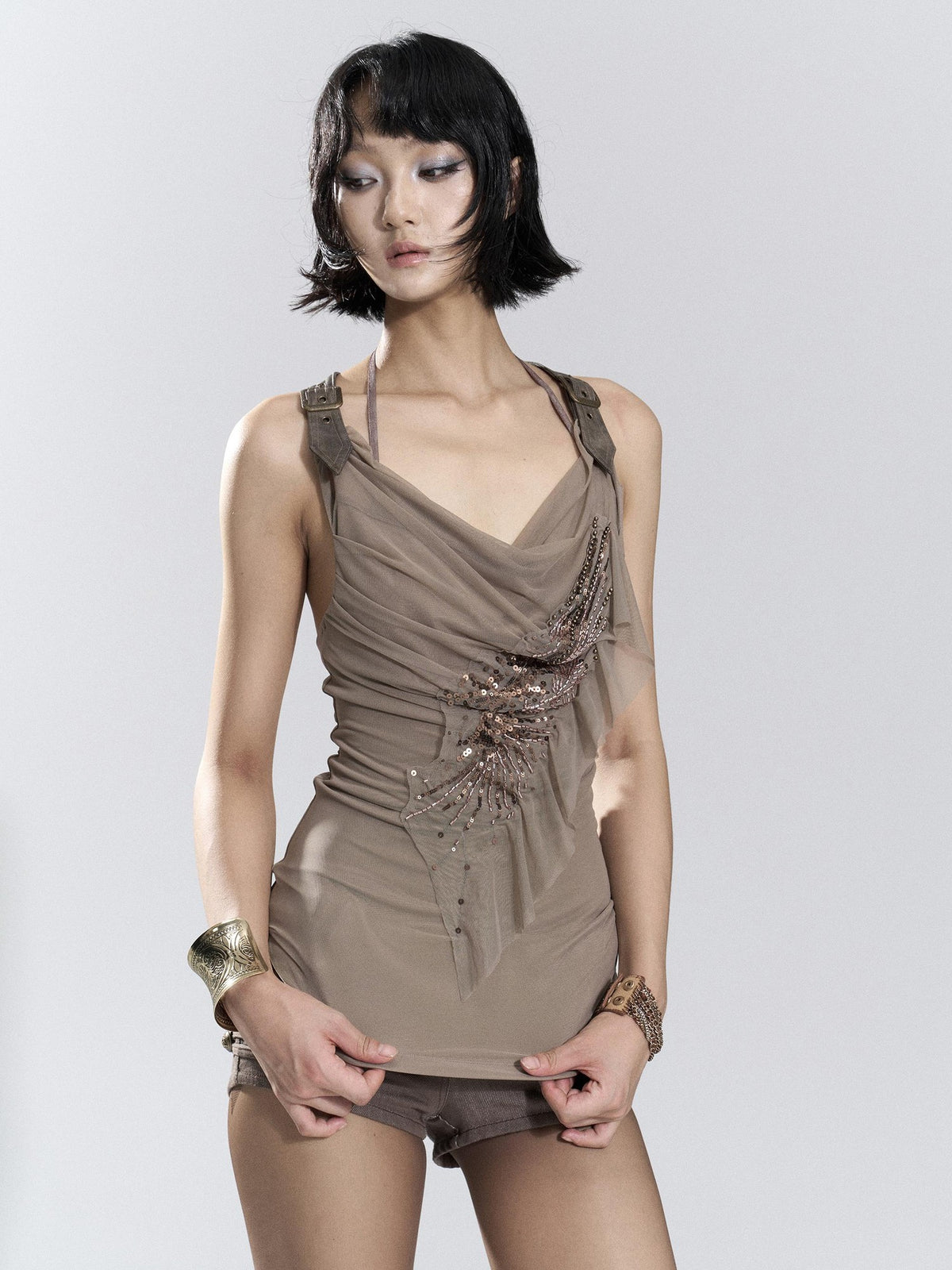 Flowers birds Market Cowl Neck Ruched Beaded Mesh Open Back Women&