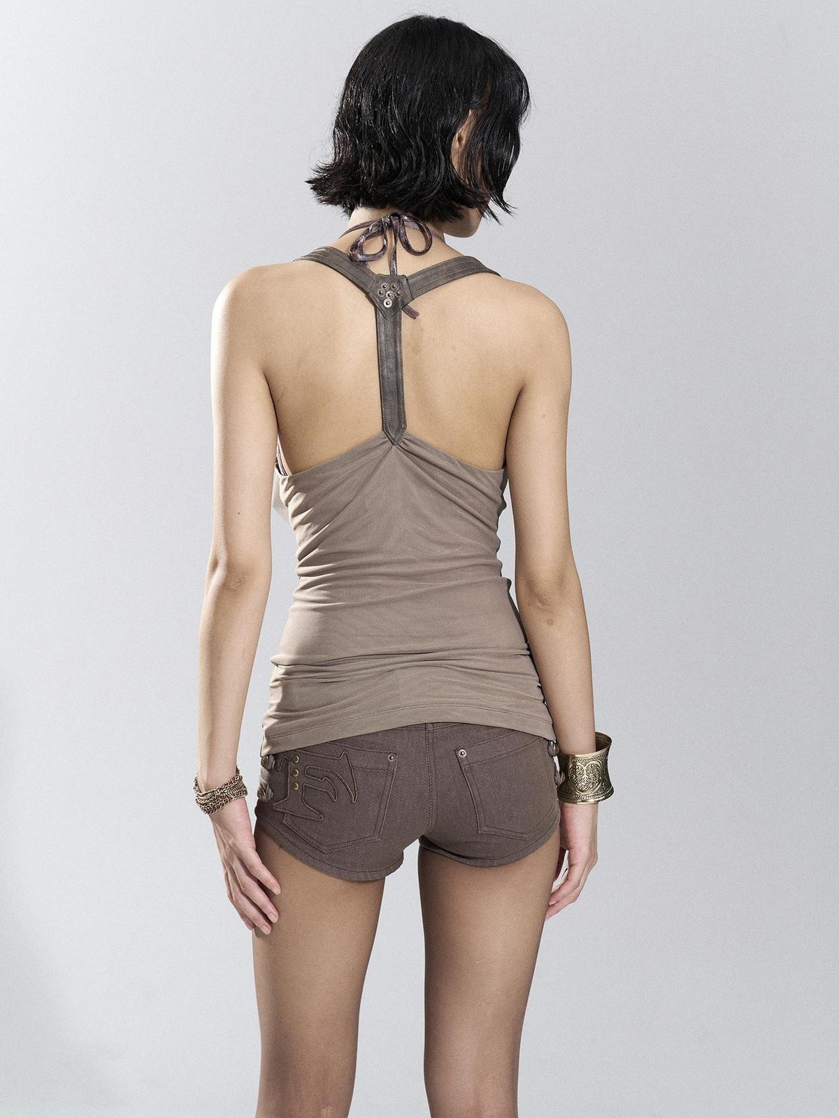 Flowers birds Market Cowl Neck Ruched Beaded Mesh Open Back Women&