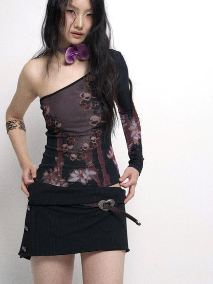 Cropped Mesh Knit Top Asymmetric Shoulder Print Design
