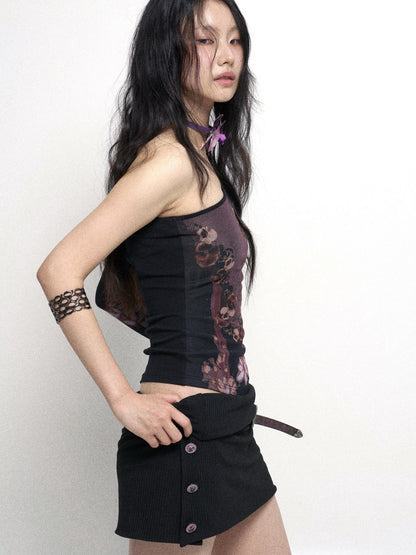 Cropped Mesh Knit Top Asymmetric Shoulder Print Design