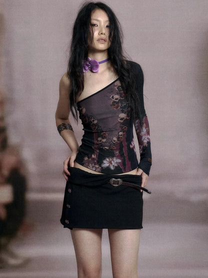 Cropped Mesh Knit Top Asymmetric Shoulder Print Design