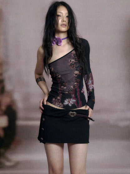 Cropped Mesh Knit Top Asymmetric Shoulder Print Design