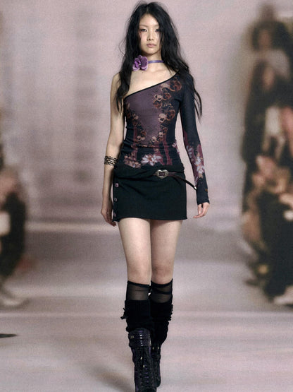 Cropped Mesh Knit Top Asymmetric Shoulder Print Design