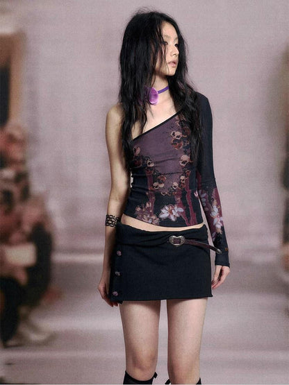 Flowers birds Market Cropped Mesh Knit Top Asymmetric Shoulder Print Design