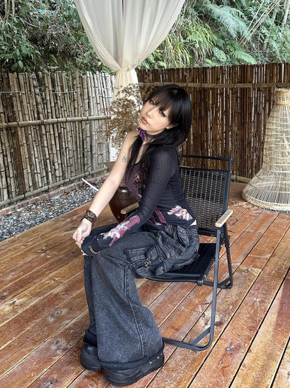 Flowers birds Market Cropped Mesh Knit Top Asymmetric Shoulder Print Design