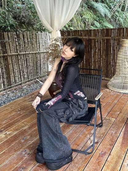 Cropped Mesh Knit Top Asymmetric Shoulder Print Design